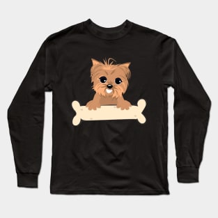 Blonde yorkie with a bone Long Sleeve T-Shirt